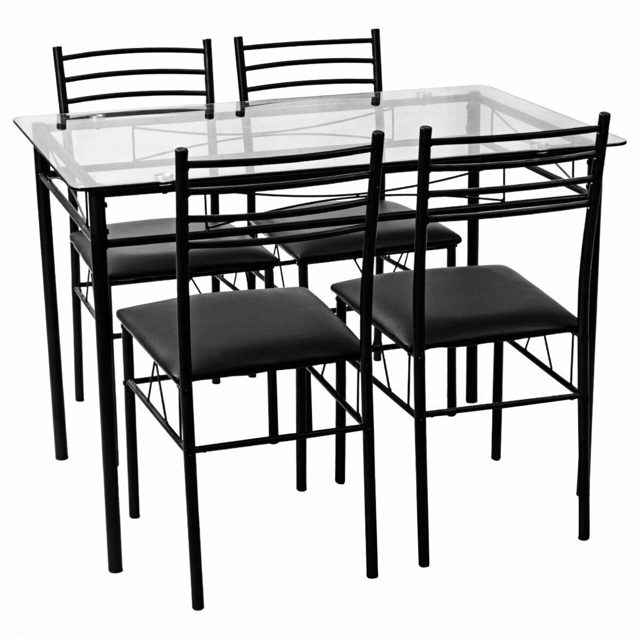 Black Iron Dining Set with Tempered Glass Table and 4 Cushioned Chairs